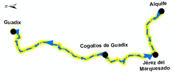 Esquema de la etapa 2 del camino Mozárabe de Santiago. Va de Alquife a Guadix.